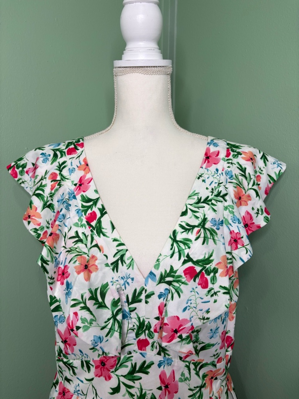 Kensie White Floral Midi Dress with Pink & Green Print - Picture 3 of 14